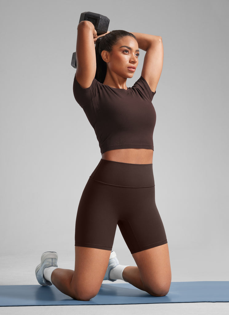 CRZ YOGA Butterlift Womens Scrunch Butt Biker Shorts 6'' No Front Seam Hot Fudge Brown