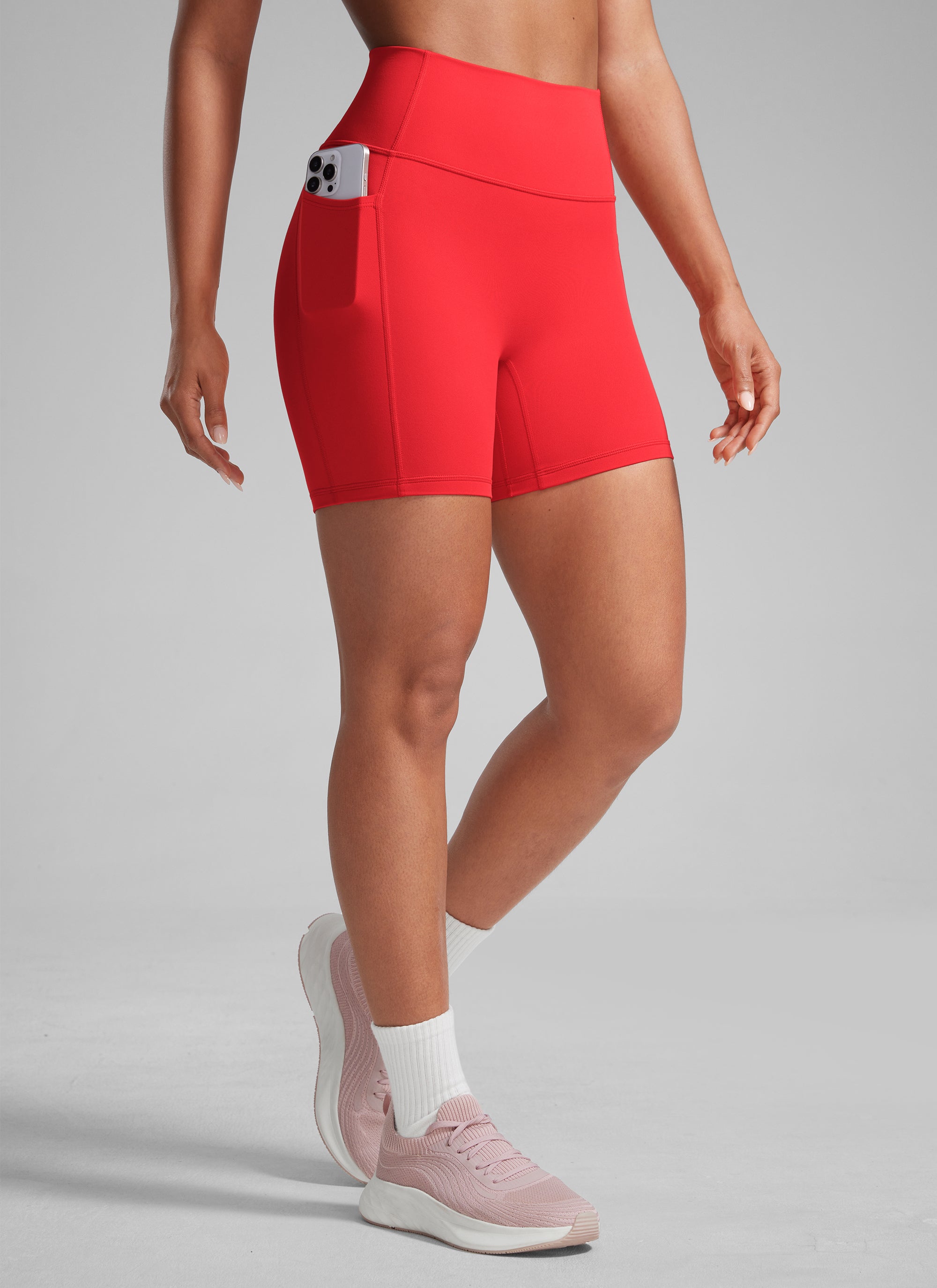 CRZ YOGA Butterlift Womens Scrunch Butt No Front Seam Pocket Biker Shorts 5'' Deep Red