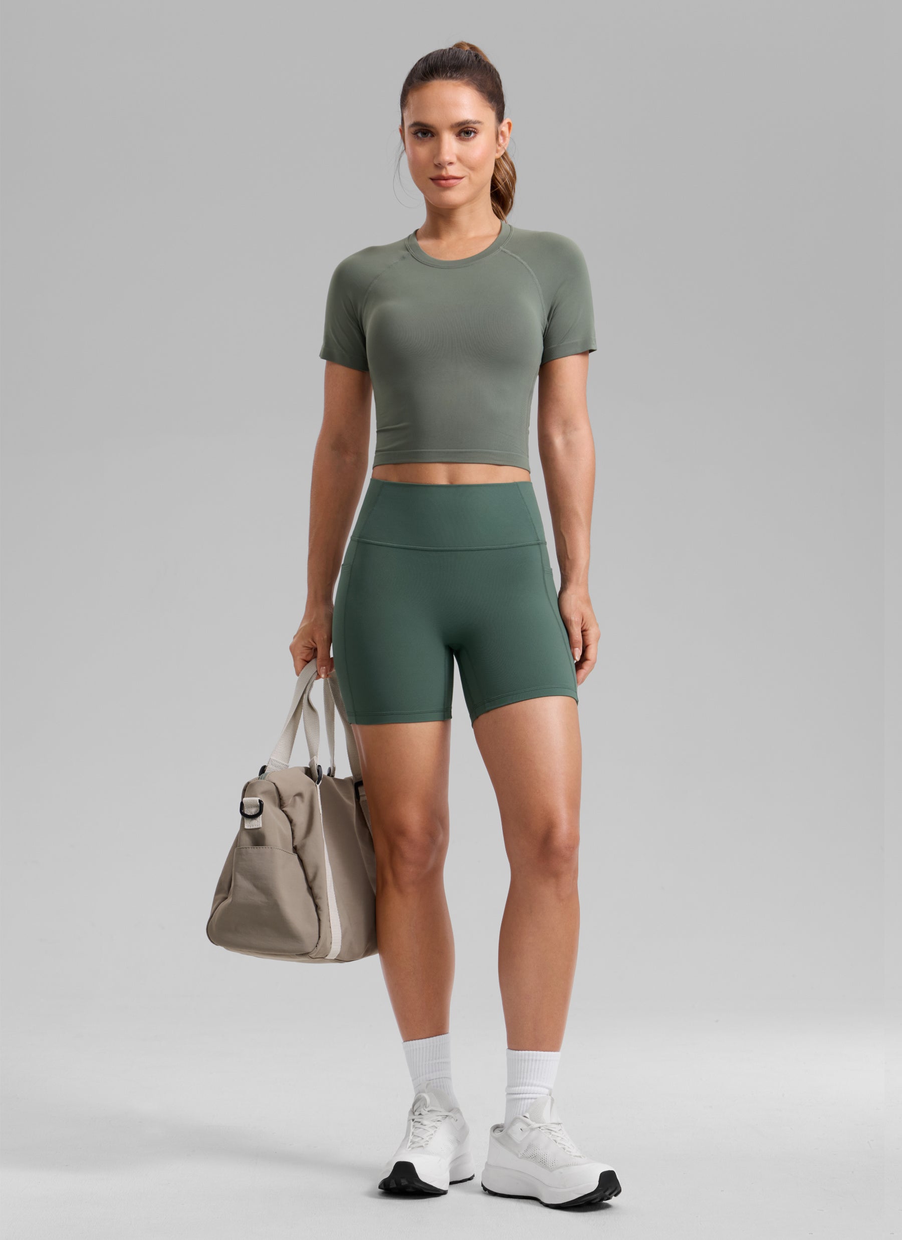 CRZ YOGA Butterlift Womens Scrunch Butt No Front Seam Pocket Biker Shorts 5'' Dark Forest Green