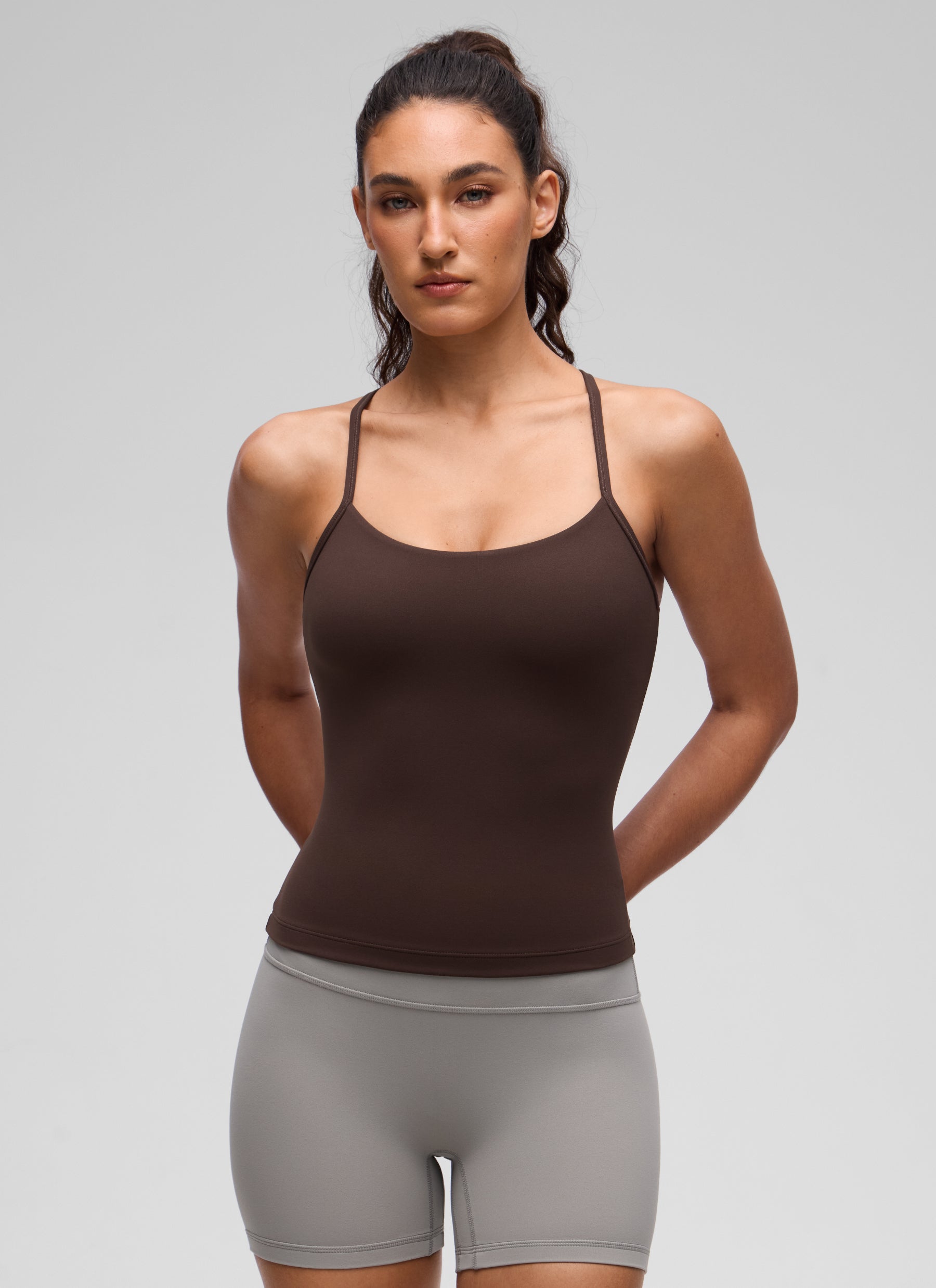 CRZ YOGA Women's Yoga Slim Fit Butterluxe Built-in Bra Tank Y Back Hot Fudge Brown @model_info:V