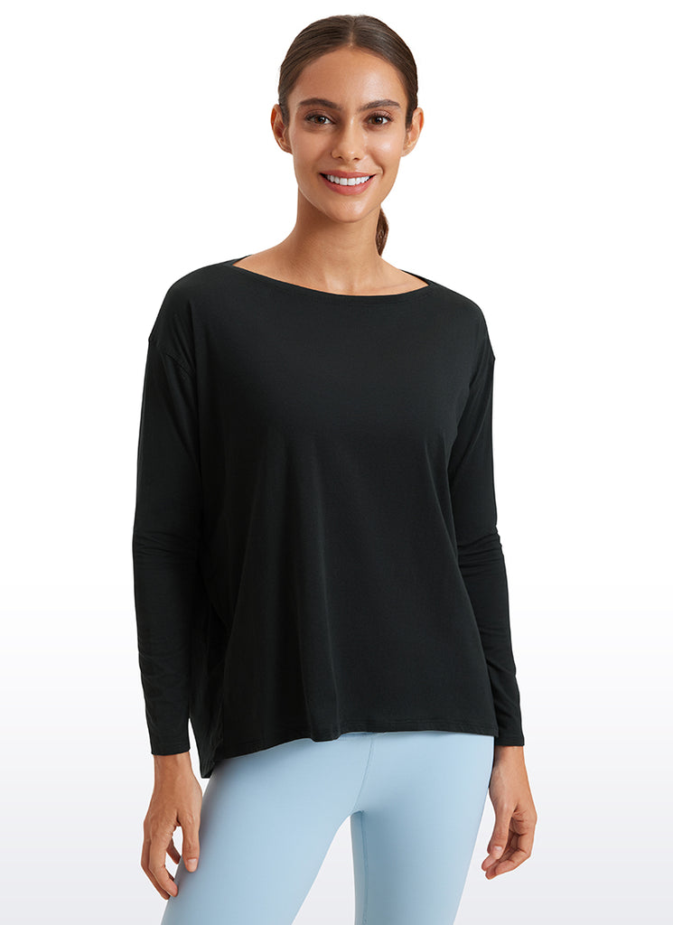CRZ YOGA Women's Casual Loose Fit Pima Cotton Long Sleeves Boat Neck Black