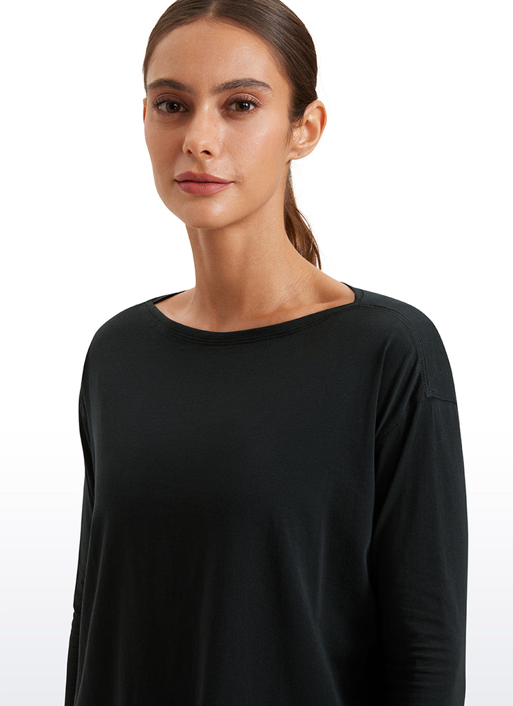 CRZ YOGA Women's Casual Loose Fit Pima Cotton Long Sleeves Boat Neck Black