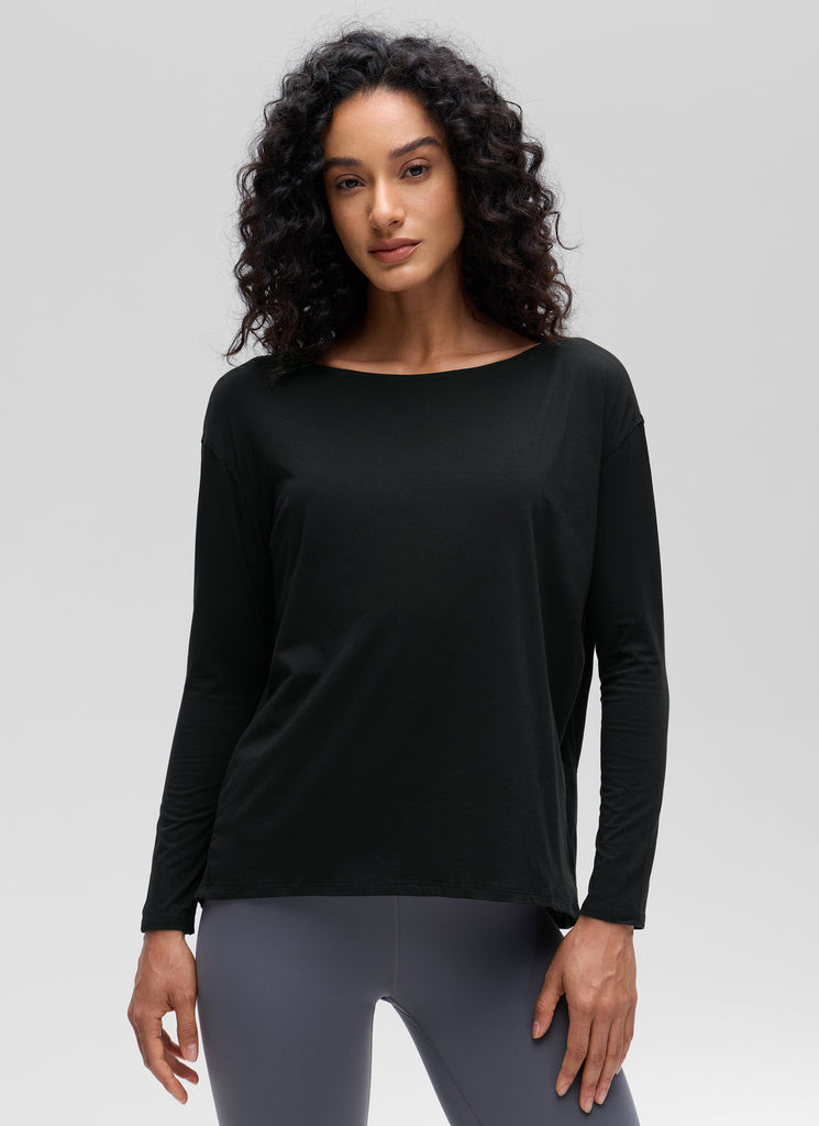 CRZ YOGA Women's Casual Loose Fit Pima Cotton Long Sleeves Boat Neck Black