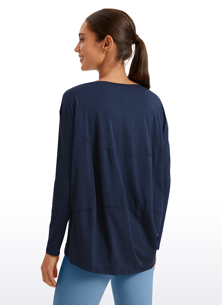 CRZ YOGA Women's Casual Loose Fit Pima Cotton Long Sleeves Boat Neck Navy