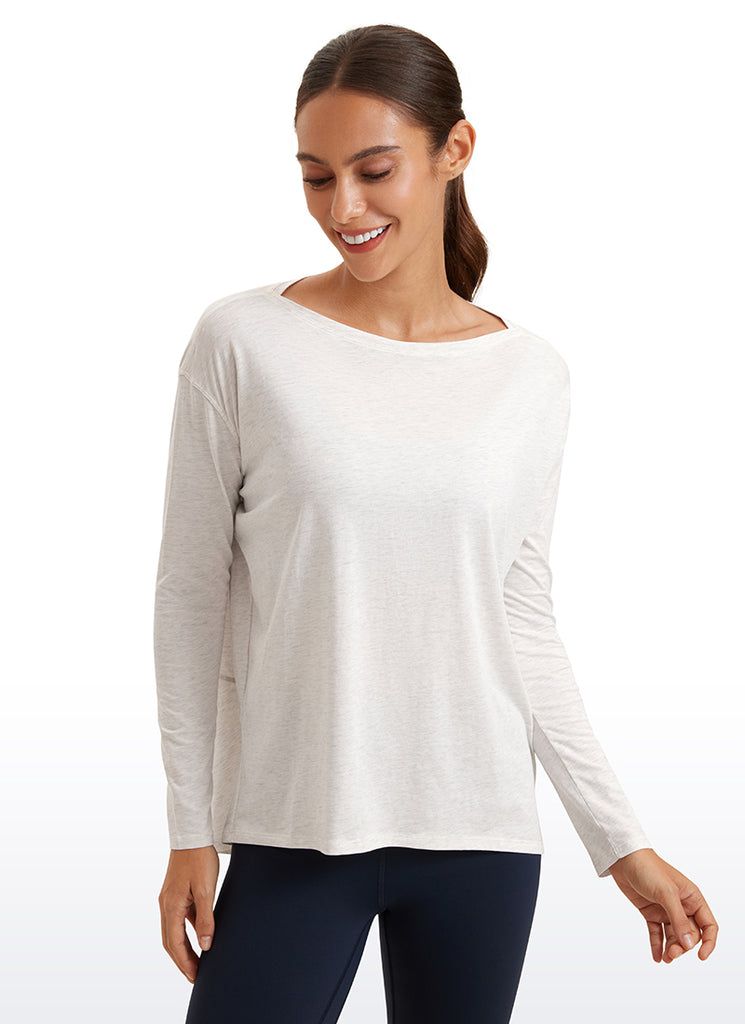 CRZ YOGA Women's Casual Loose Fit Pima Cotton Long Sleeves Boat Neck Ice Grey White