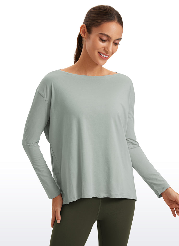 CRZ YOGA Women's Casual Loose Fit Pima Cotton Long Sleeves Boat Neck Jade Grey