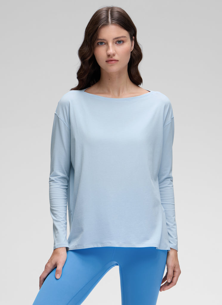CRZ YOGA Women's Casual Loose Fit Pima Cotton Long Sleeves Boat Neck Blue Linen