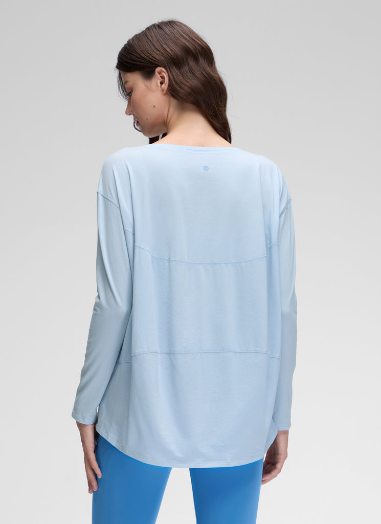 CRZ YOGA Women's Casual Loose Fit Pima Cotton Long Sleeves Boat Neck Blue Linen