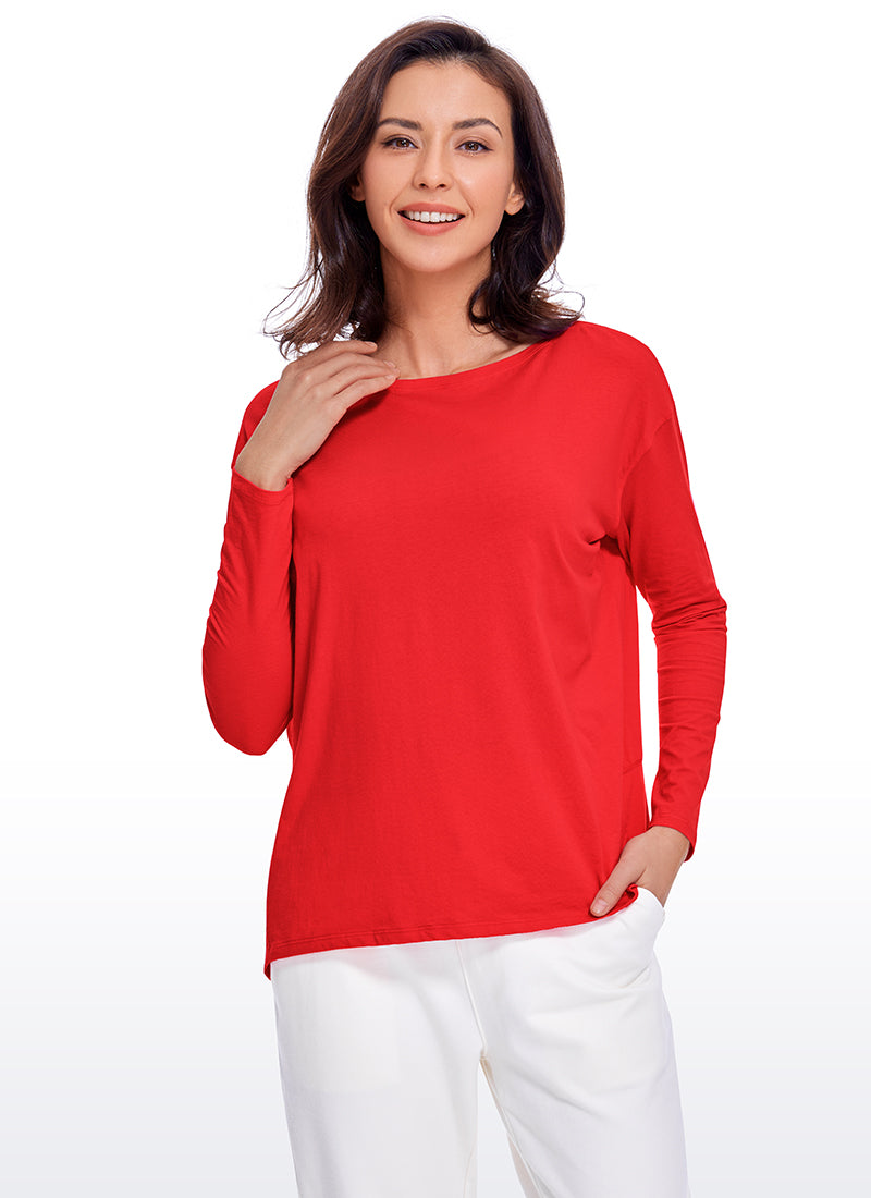 CRZ YOGA Women's Casual Loose Fit Pima Cotton Long Sleeves Boat Neck Deep Red