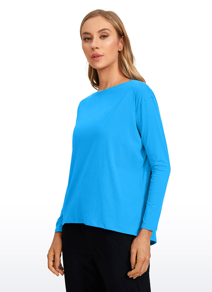 CRZ YOGA Women's Casual Loose Fit Pima Cotton Long Sleeves Boat Neck Madagascar Blue