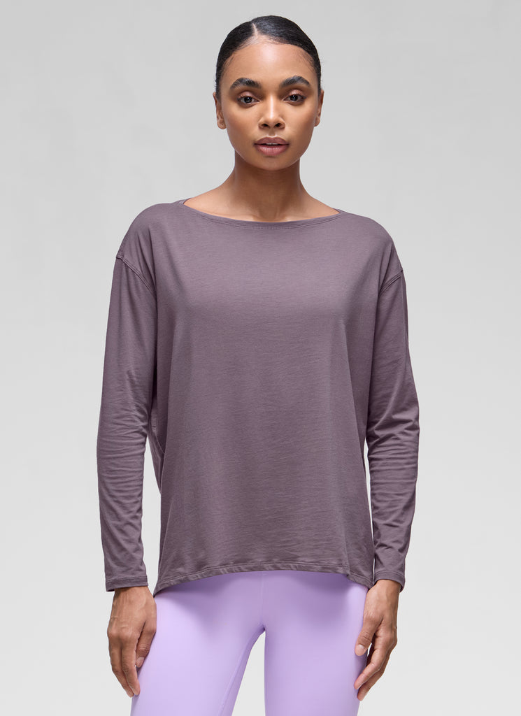 CRZ YOGA Women's Casual Loose Fit Pima Cotton Long Sleeves Boat Neck purple gray