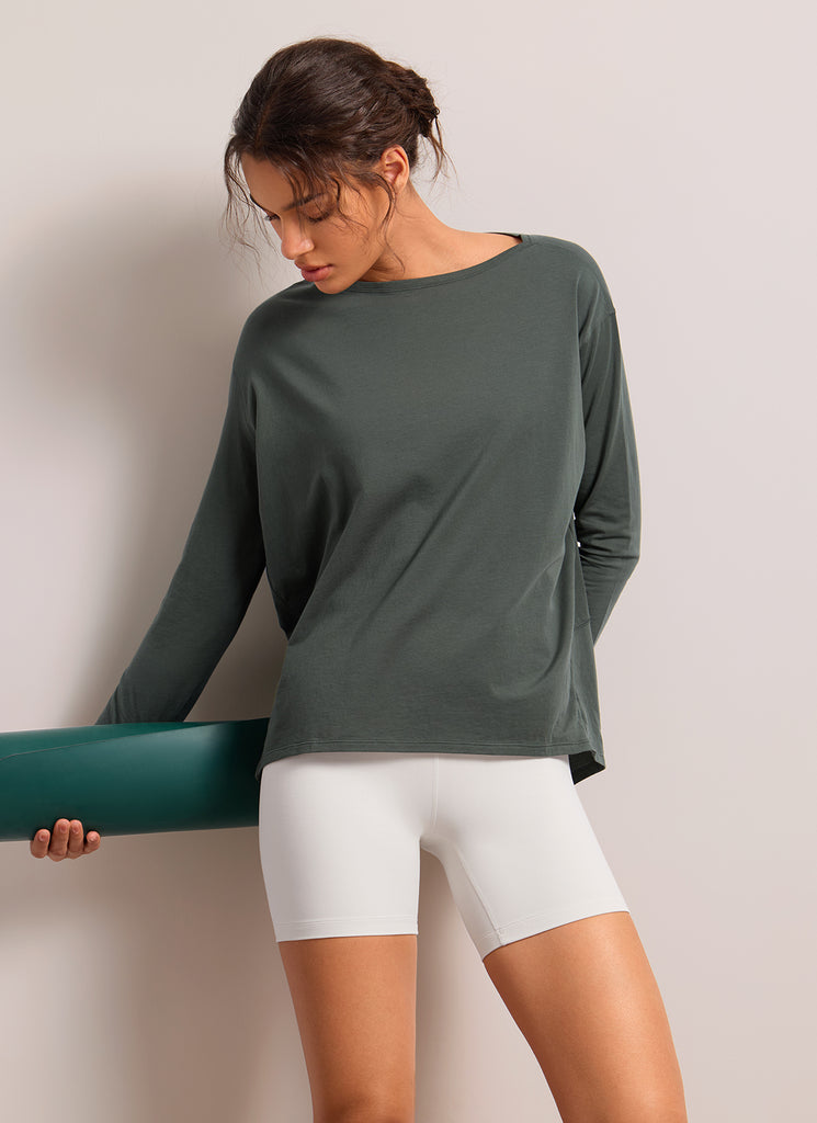 CRZ YOGA Women's Casual Loose Fit Pima Cotton Long Sleeves Boat Neck Grey Olive