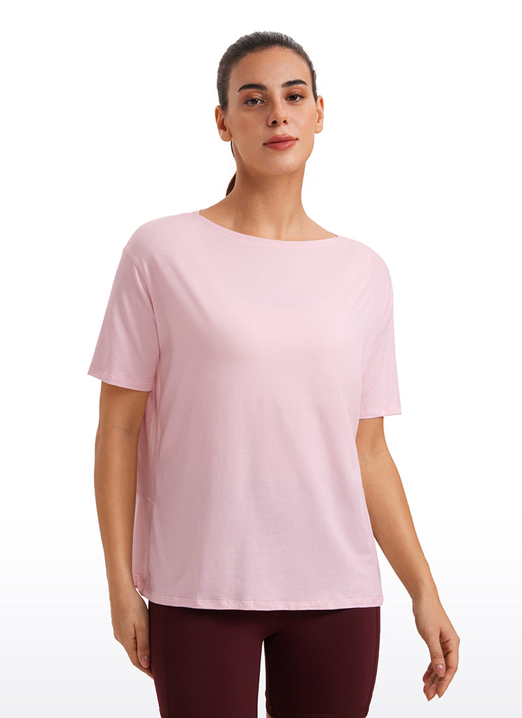 CRZ YOGA Women's Yoga Loose Fit Pima Cotton Short Sleeves Boat Neck Strawberry Pink