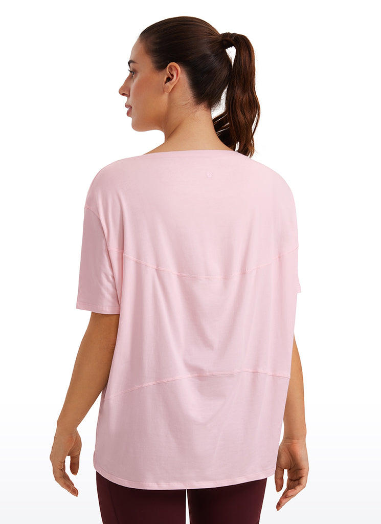 CRZ YOGA Women's Yoga Loose Fit Pima Cotton Short Sleeves Boat Neck Strawberry Pink