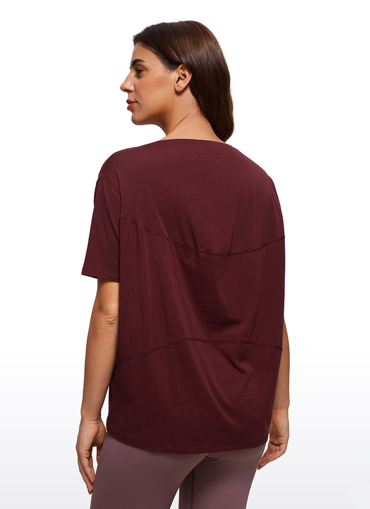 CRZ YOGA Women's Yoga Loose Fit Pima Cotton Short Sleeves Boat Neck Strawberry Pink