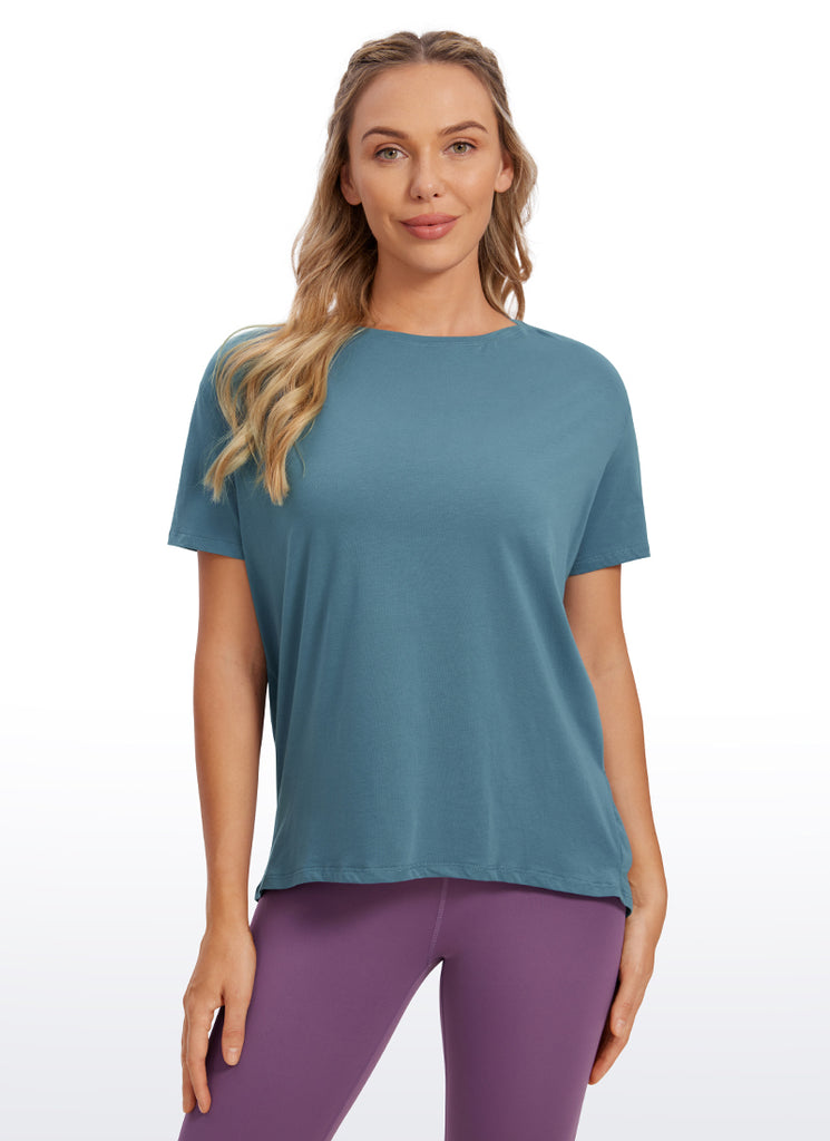 CRZ YOGA Women's Yoga Loose Fit Pima Cotton Short Sleeves Boat Neck Slate Blue