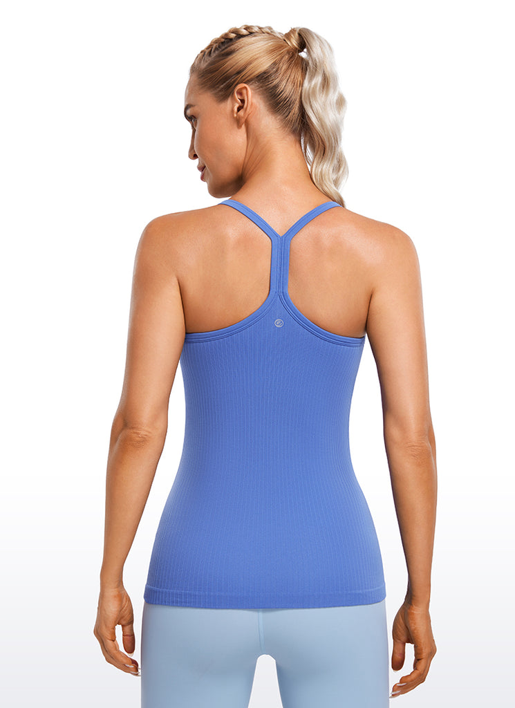 CRZ YOGA Women's Yoga Slim Fit Tops Seamless Built-in Bra Tank Y-back Sparkle Blue