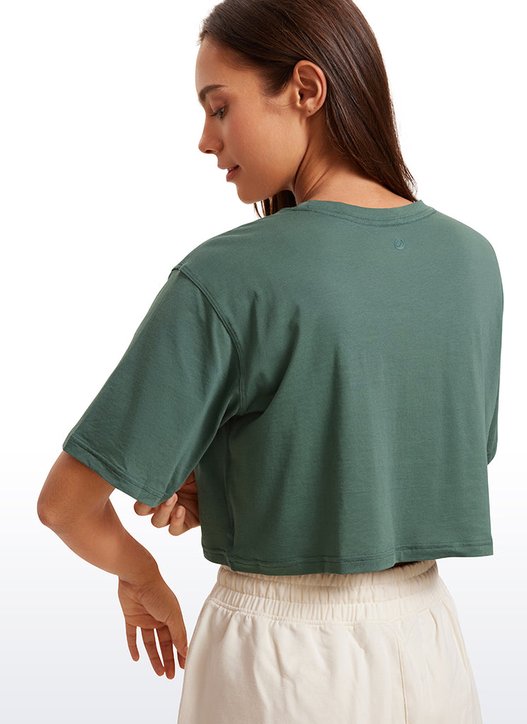 CRZ YOGA Women's Casual Loose Fit Pima Cotton Short Sleeves Cropped Graphite Green