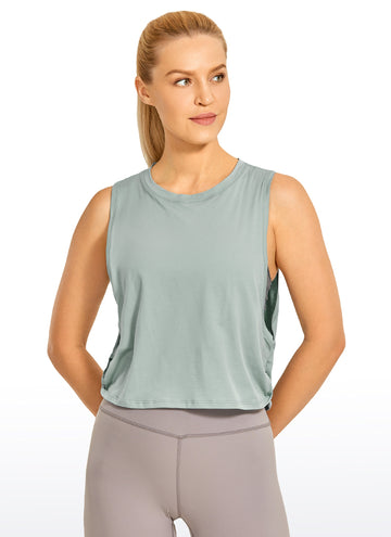 CRZ YOGA Women's Yoga Loose Fit Top Pima Cotton Crop Tank Deep Armhole Jade Grey