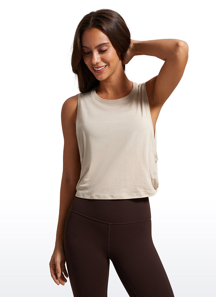 CRZ YOGA Women's Yoga Loose Fit Top Pima Cotton Crop Tank Deep Armhole White