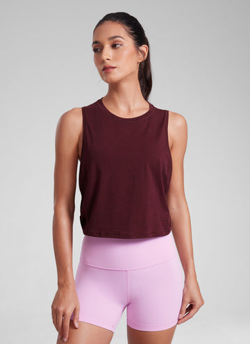 CRZ YOGA Women's Yoga Loose Fit Top Pima Cotton Crop Tank Deep Armhole Berry heather