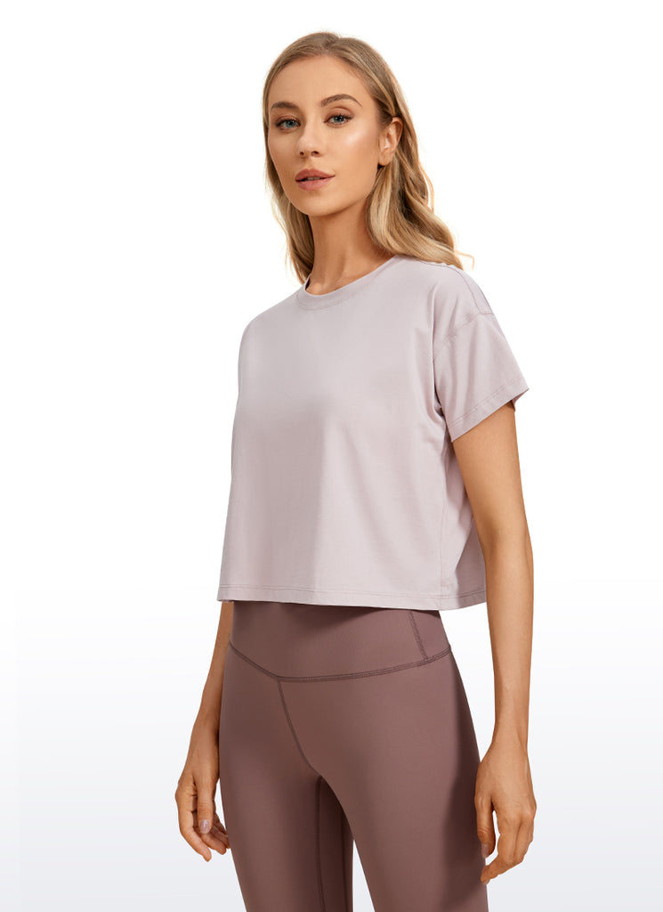 CRZ YOGA Women's Yoga Relaxed Fit Shirt Pima Cotton Crop Short Sleeves Smoky Blush