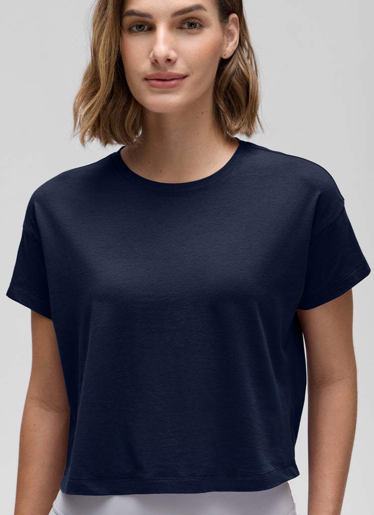 CRZ YOGA Women's Yoga Relaxed Fit Shirt Pima Cotton Crop Short Sleeves Navy