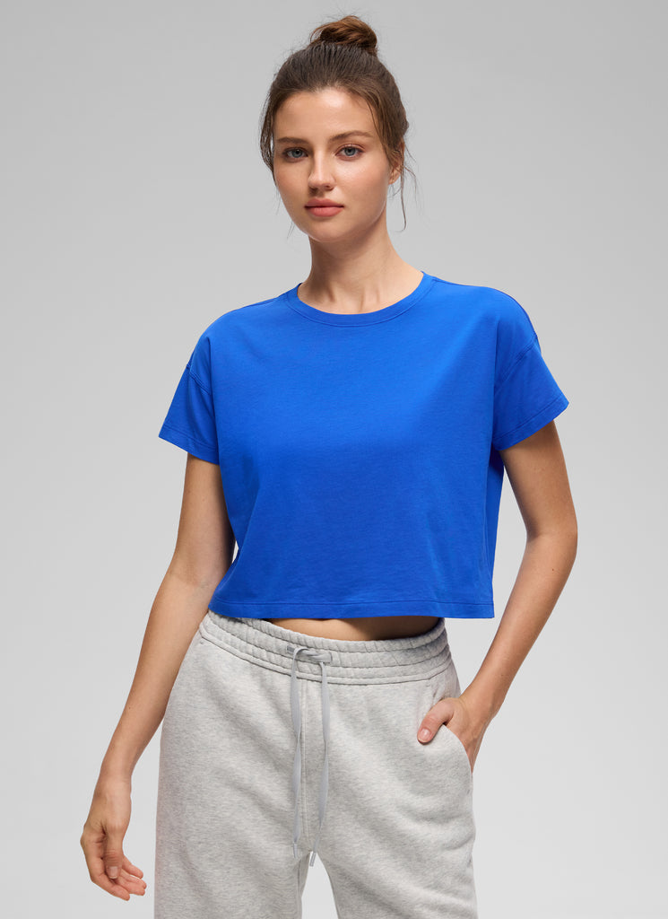 CRZ YOGA Women's Yoga Relaxed Fit Shirt Pima Cotton Crop Short Sleeves Strong Blue
