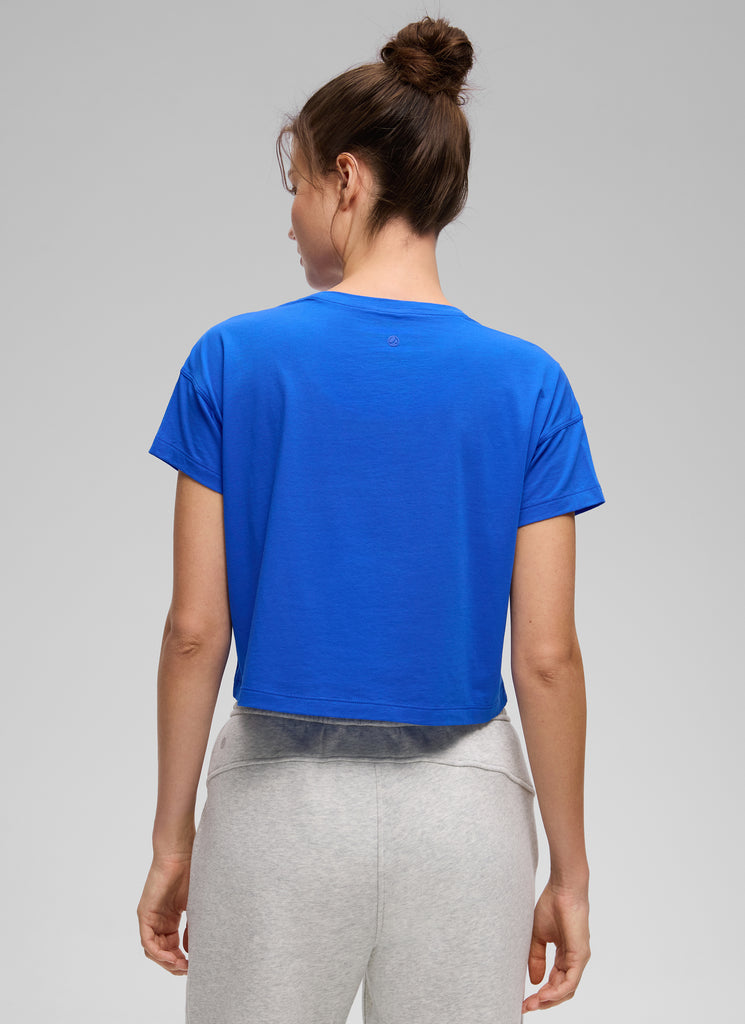 CRZ YOGA Women's Yoga Relaxed Fit Shirt Pima Cotton Crop Short Sleeves Strong Blue