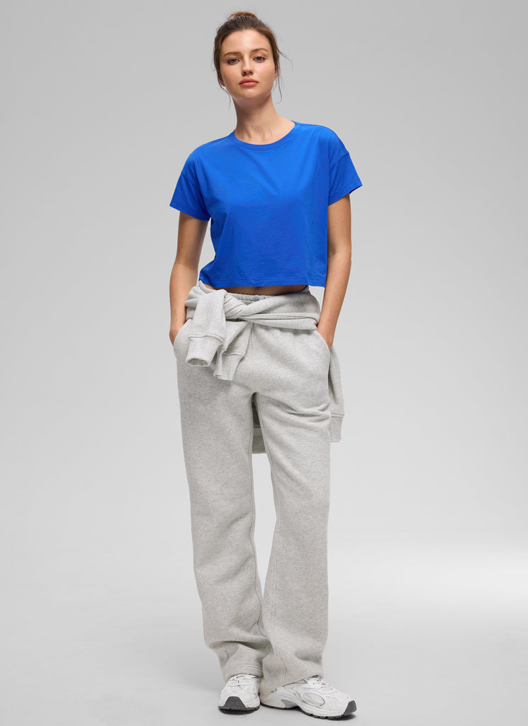 CRZ YOGA Women's Yoga Relaxed Fit Shirt Pima Cotton Crop Short Sleeves Strong Blue