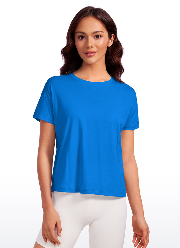 CRZ YOGA Women's Yoga Loose Fit Shirt Pima Cotton Short Sleeves Sparkle Blue