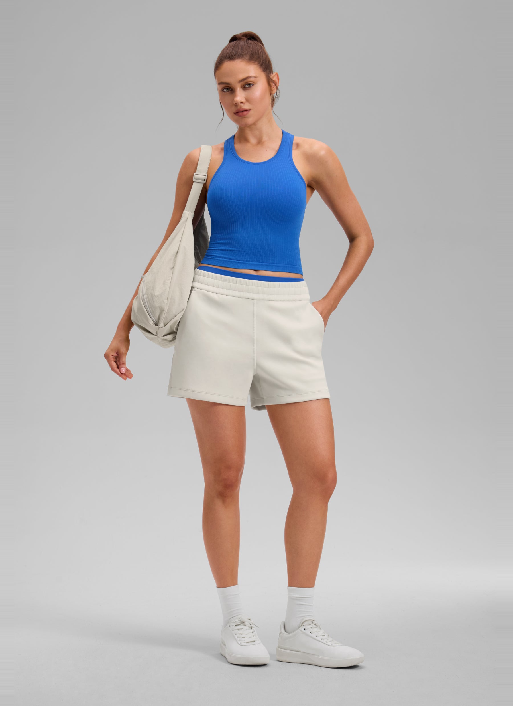 CRZ YOGA Women's Yoga Slim Fit Tops Seamless Longline Tank High Neck Sparkle Blue
