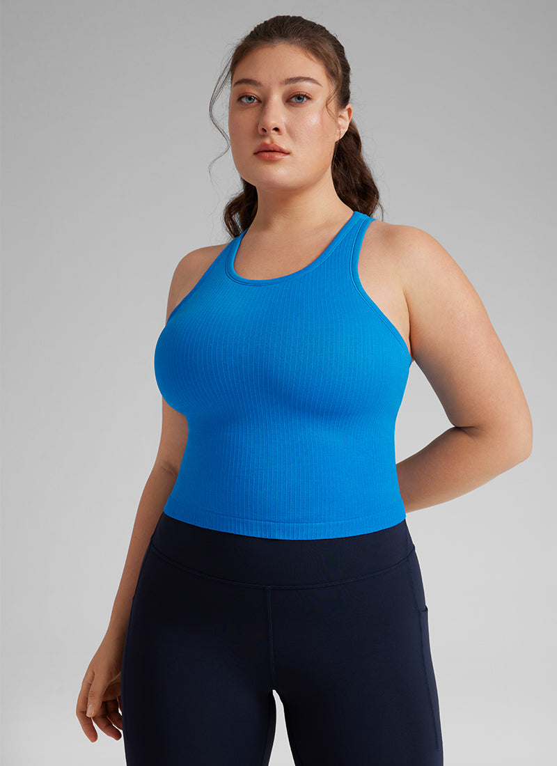 CRZ YOGA Women's Yoga Slim Fit Tops Seamless Longline Tank High Neck Sparkle Blue