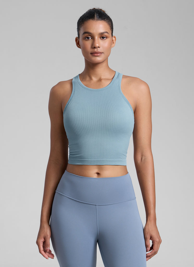 CRZ YOGA Women's Yoga Slim Fit Tops Seamless Longline Tank High Neck Olive Green