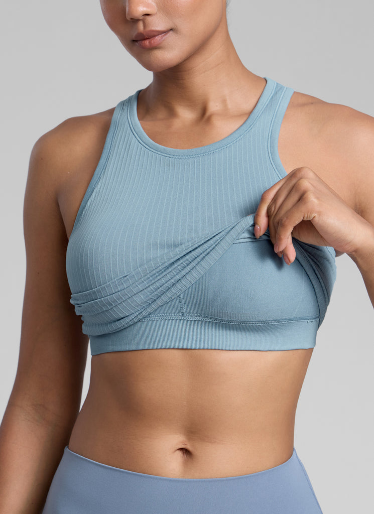 CRZ YOGA Women's Yoga Slim Fit Tops Seamless Longline Tank High Neck Cambric Blue