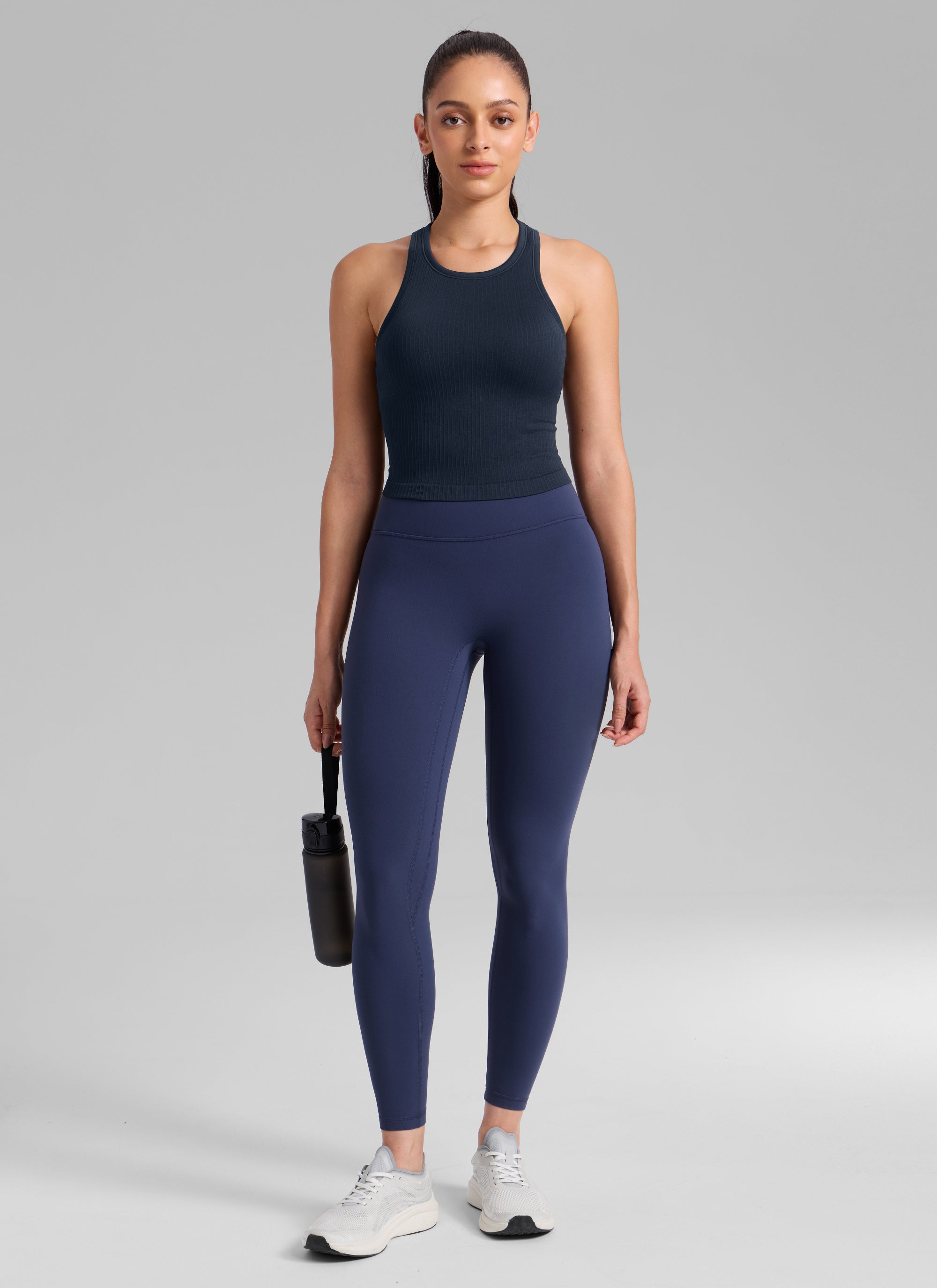 CRZ YOGA Women's Yoga Slim Fit Tops Seamless Longline Tank High Neck True Navy