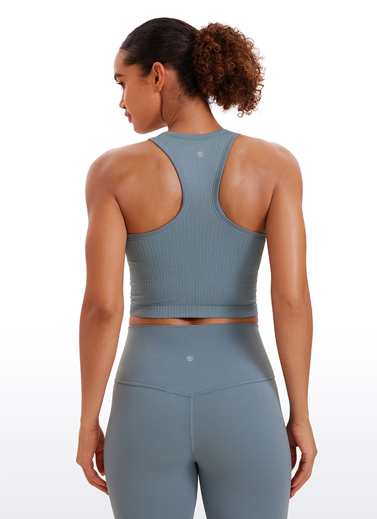 CRZ YOGA Women's Yoga Slim Fit Tops Seamless Longline Tank High Neck Sparkle Blue