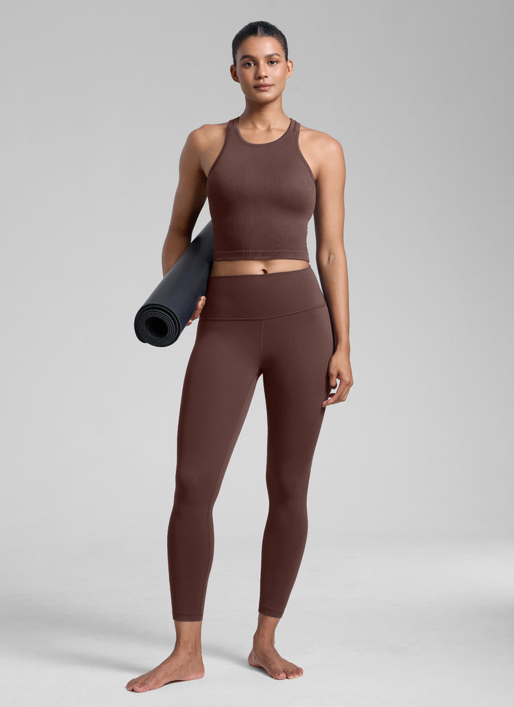 CRZ YOGA Women's Yoga Slim Fit Tops Seamless Longline Tank High Neck Taupe