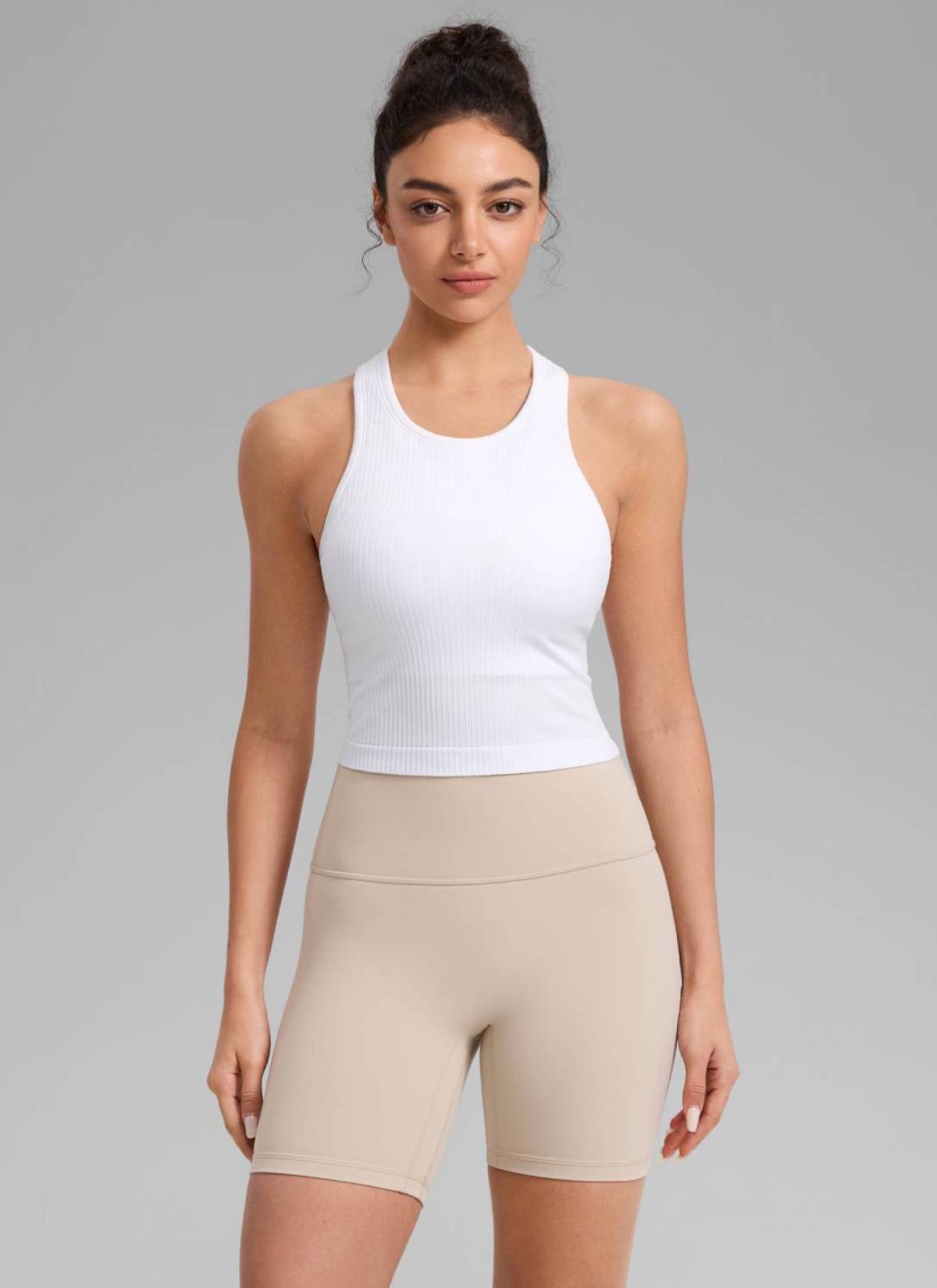 CRZ YOGA Women's Yoga Slim Fit Tops Seamless Longline Tank High Neck White