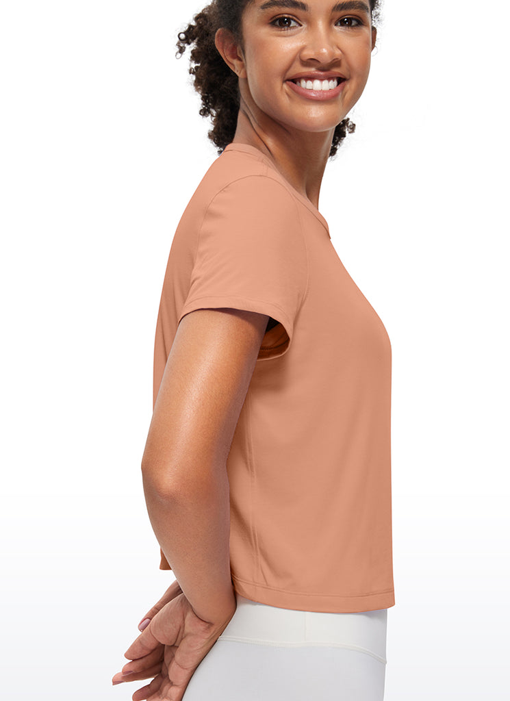 CRZ YOGA Women's Yoga Classic Fit Pima Cotton Short Sleeves High Neck Mocha Mousse