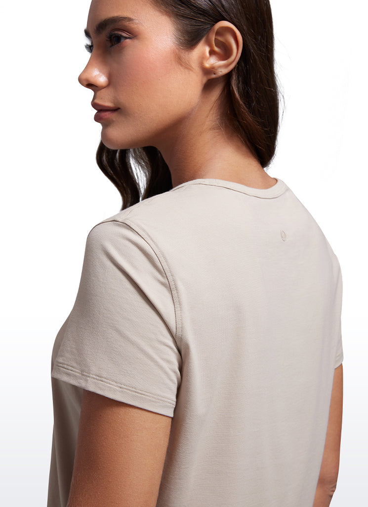 CRZ YOGA Women's Yoga Classic Fit Pima Cotton Short Sleeves High Neck True Navy