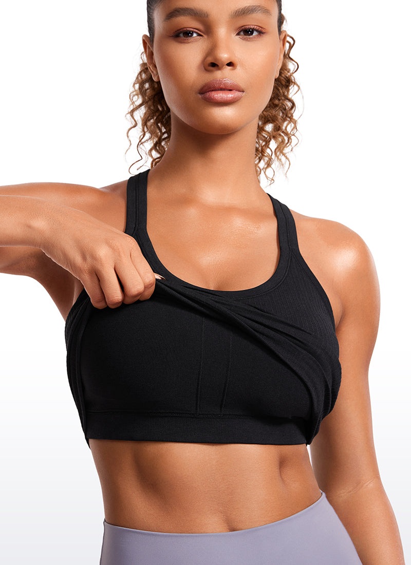 Seamless Ribbed Waist Length Racerback Built in Bra Tanks