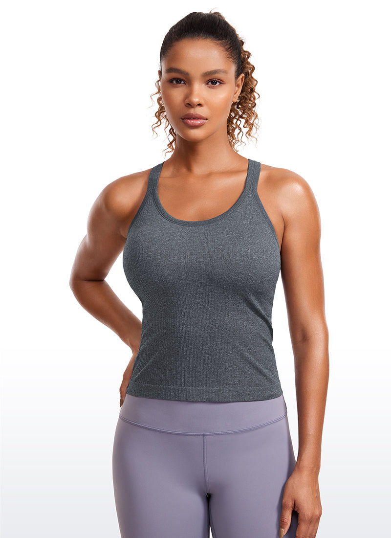 Seamless Ribbed Waist Length Racerback Built in Bra Tanks