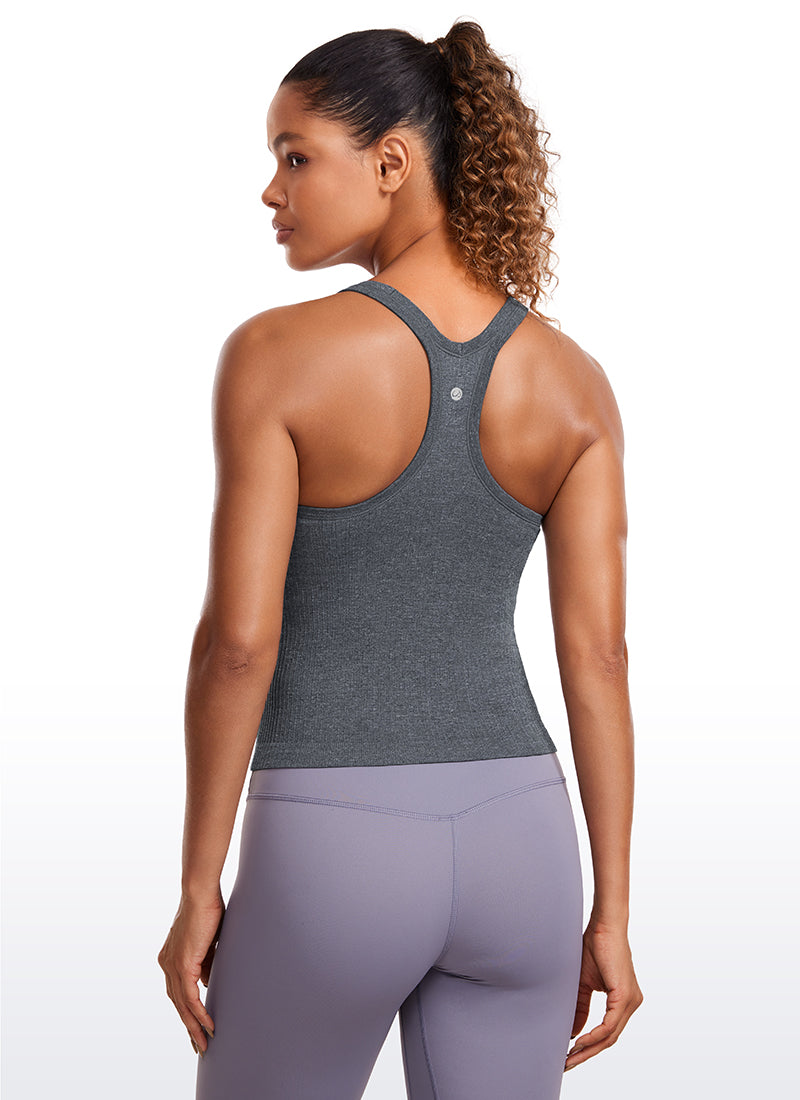 Seamless Ribbed Waist Length Racerback Built in Bra Tanks