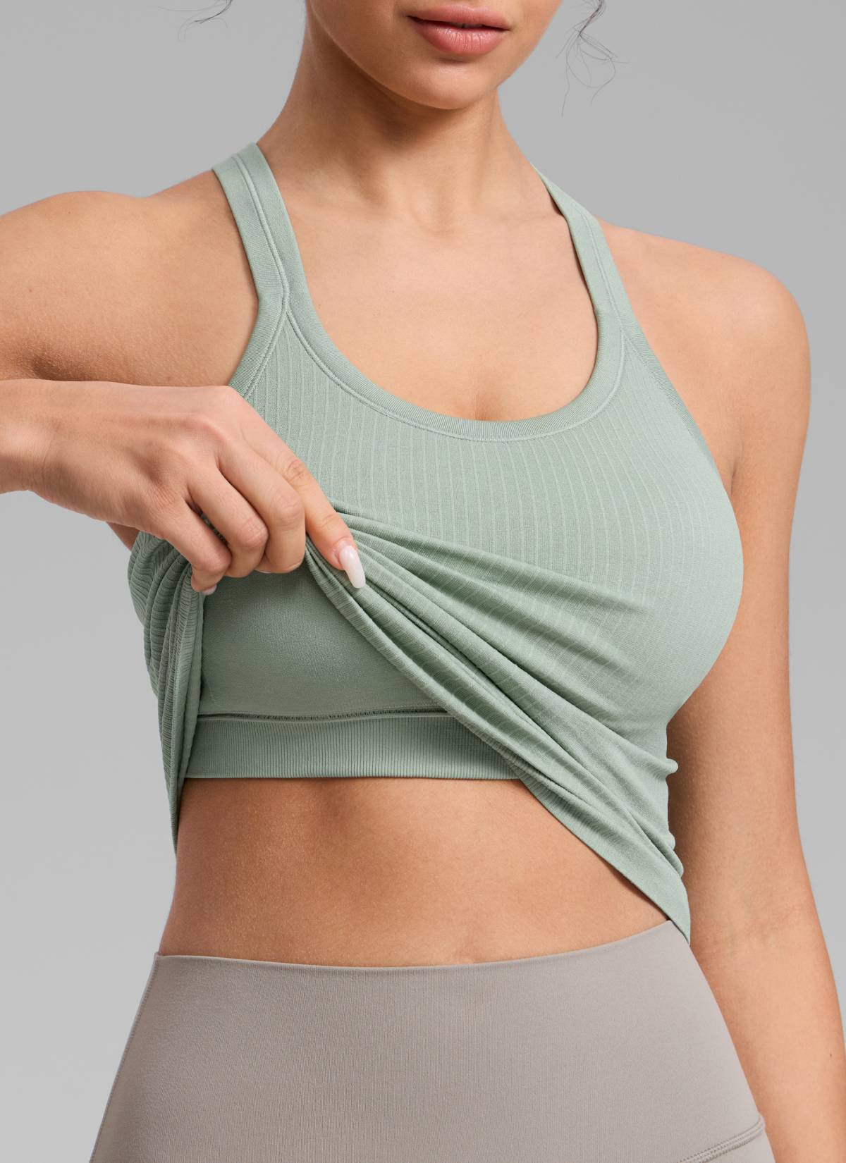 CRZ YOGA Women's Yoga Slim Fit Seamless Tank Crew Neck Waist Length Green Palm Court