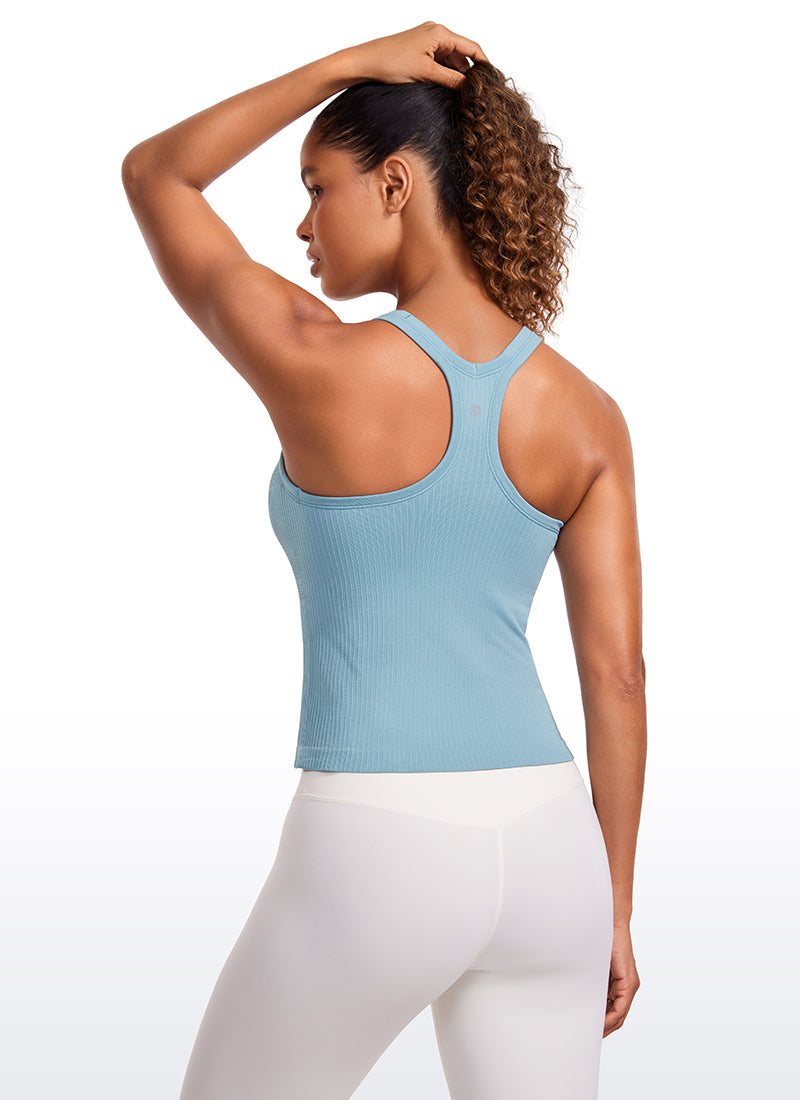 Seamless Ribbed Waist Length Racerback Built in Bra Tanks