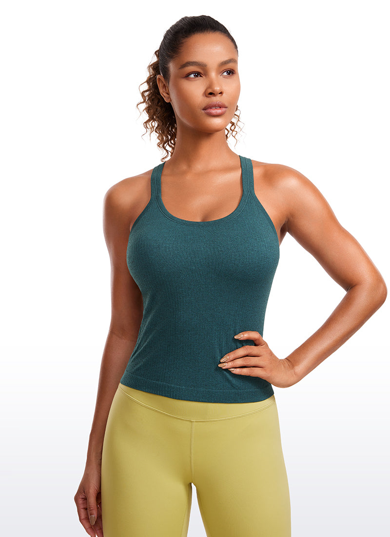 Seamless Ribbed Waist Length Racerback Built in Bra Tanks