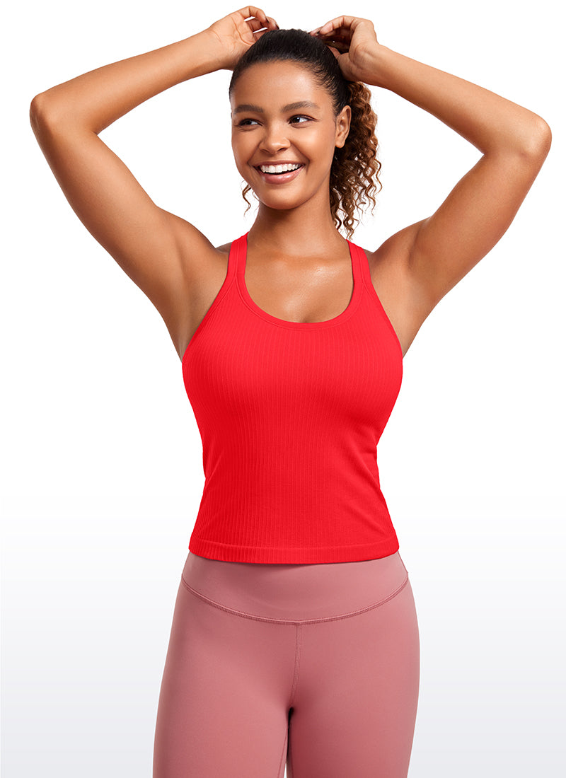 Seamless Ribbed Waist Length Racerback Built in Bra Tanks