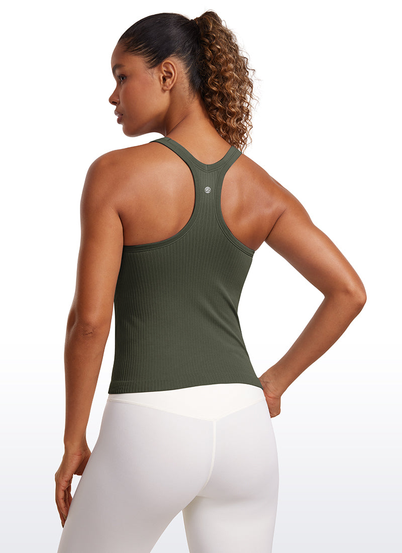 Seamless Ribbed Waist Length Racerback Built in Bra Tanks