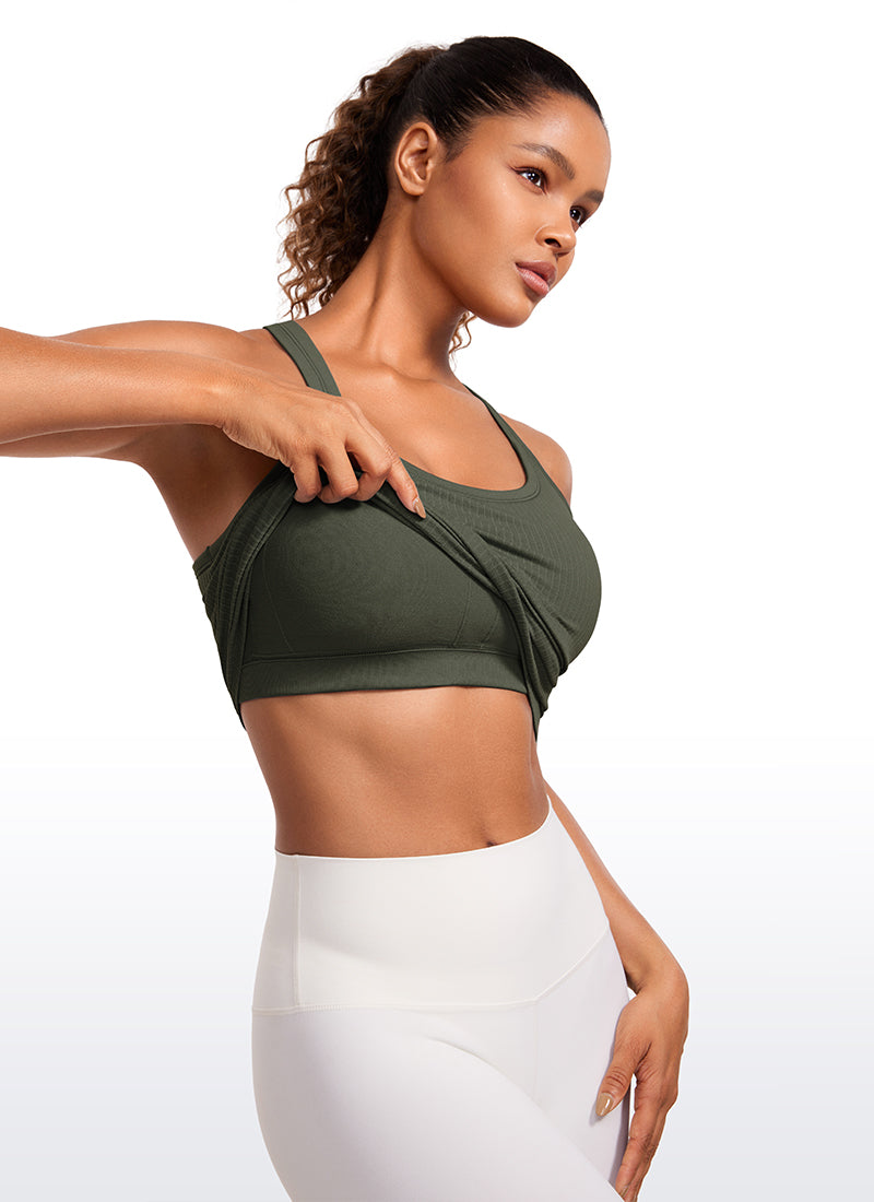 Seamless Ribbed Waist Length Racerback Built in Bra Tanks